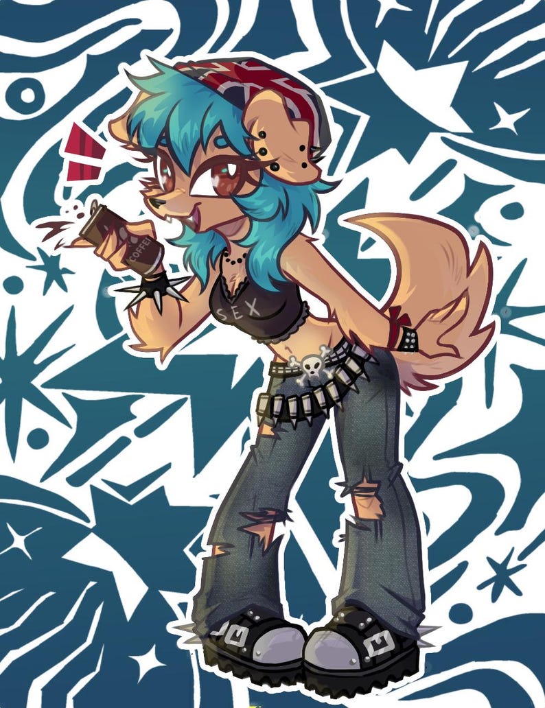 May include: Digital illustration of an anthropomorphic canine character with blue hair, wearing a black crop top with the word "SEX", ripped jeans, and studded boots. The character holds a coffee cup with the word "COFFEE". The background is blue and white.