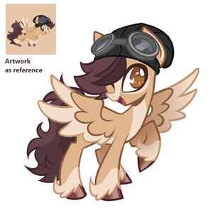 K&ouml;nnte beinhalten: Ein beigefarbenes Cartoon-Pony mit dunkelbraunem Haar, Fl&uuml;geln und Hufen. Das Pony tr&auml;gt eine schwarze M&uuml;tze mit einer dunkelgrauen Schutzbrille darauf. Die Figur hat gro&szlig;e braune Augen und ein hellbeiges Fell mit wei&szlig;en Abzeichen an den Beinen.