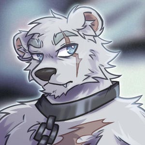 May include: A digital illustration of a white bear with blue eyes and a scar over one eye. The bear wears a black collar with a chain and has a stern expression. The artwork has a soft, shaded style.