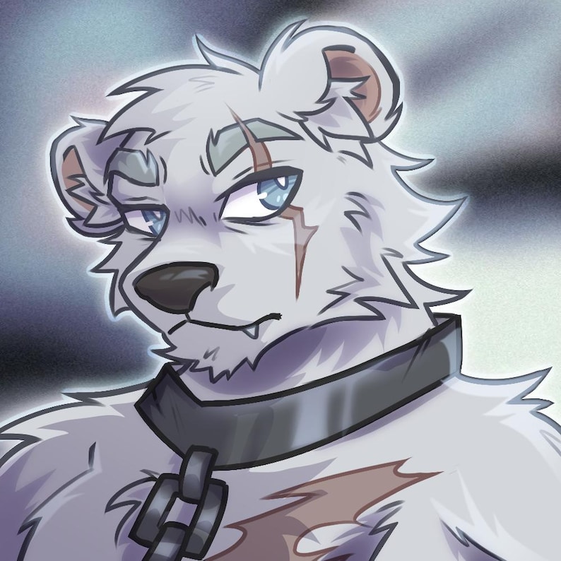 May include: A digital illustration of a white bear with blue eyes and a scar over one eye. The bear wears a black collar with a chain and has a stern expression. The artwork has a soft, shaded style.