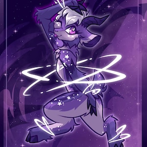 May include: A digital illustration of a purple goat-like creature with white accents and glowing white swirls. The creature has large eyes and is posed in a dynamic, dancing stance against a starry purple background.