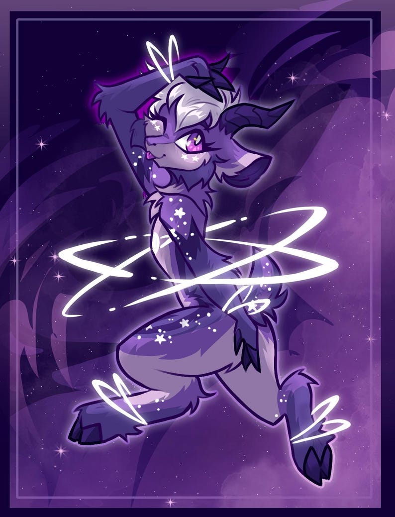 May include: A digital illustration of a purple goat-like creature with white accents and glowing white swirls. The creature has large eyes and is posed in a dynamic, dancing stance against a starry purple background.
