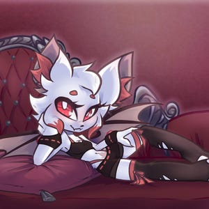 May include: Illustration of a white and red cartoon character with bat wings, reclining on a red tufted sofa. The character is wearing a black and red outfit. The background is a gradient of dark red.