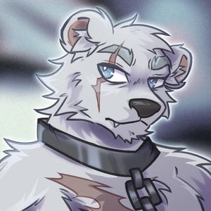 May include: Illustration of a white bear with blue eyes and a scar over one eye. The bear has a black collar and chain. The background is a gradient of blue and grey.