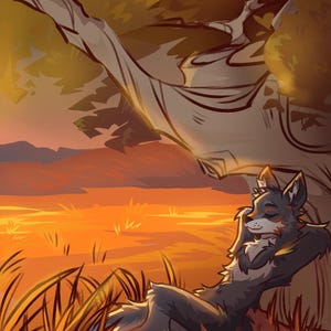 May include: An illustration of a relaxed wolf-like creature resting under a tree. The artwork features warm tones of orange and brown, with the creature's fur in shades of gray and white. The scene evokes a sense of peace and tranquility.