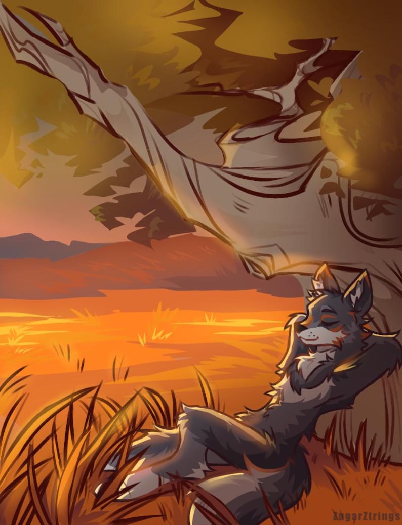 May include: An illustration of a relaxed wolf-like creature resting under a tree. The artwork features warm tones of orange and brown, with the creature's fur in shades of gray and white. The scene evokes a sense of peace and tranquility.