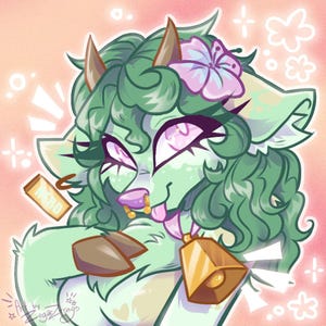 May include: A digital illustration of a cartoon cow-like character with green fur and curly hair, wearing a flower, a bell, and a gold nose ring. The character has pink eyes and a pink tongue sticking out. A small box with the word "MAD" is also present.