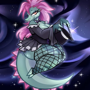 May include: An illustration of a fantasy creature with teal skin, pink hair, and a black outfit. The creature is wearing a dress and fishnet stockings, holding a top hat. The background is a dark blue with stars and swirling purple accents.