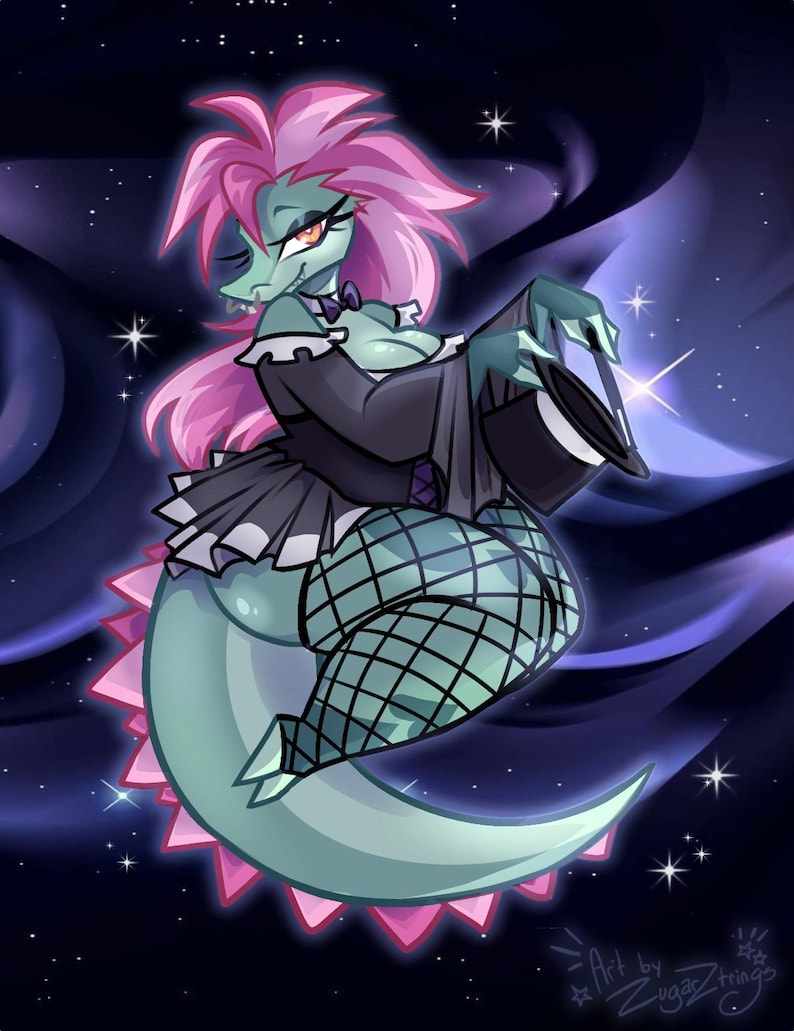 May include: An illustration of a fantasy creature with teal skin, pink hair, and a black outfit. The creature is wearing a dress and fishnet stockings, holding a top hat. The background is a dark blue with stars and swirling purple accents.