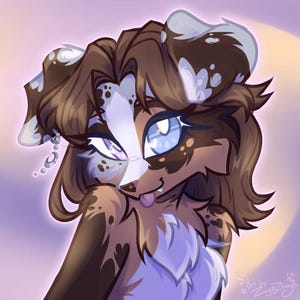 May include: A digital illustration of a dog-like creature with brown and white fur, and blue and purple eyes. The artwork has a cartoonish style, with a playful expression and a light purple background.