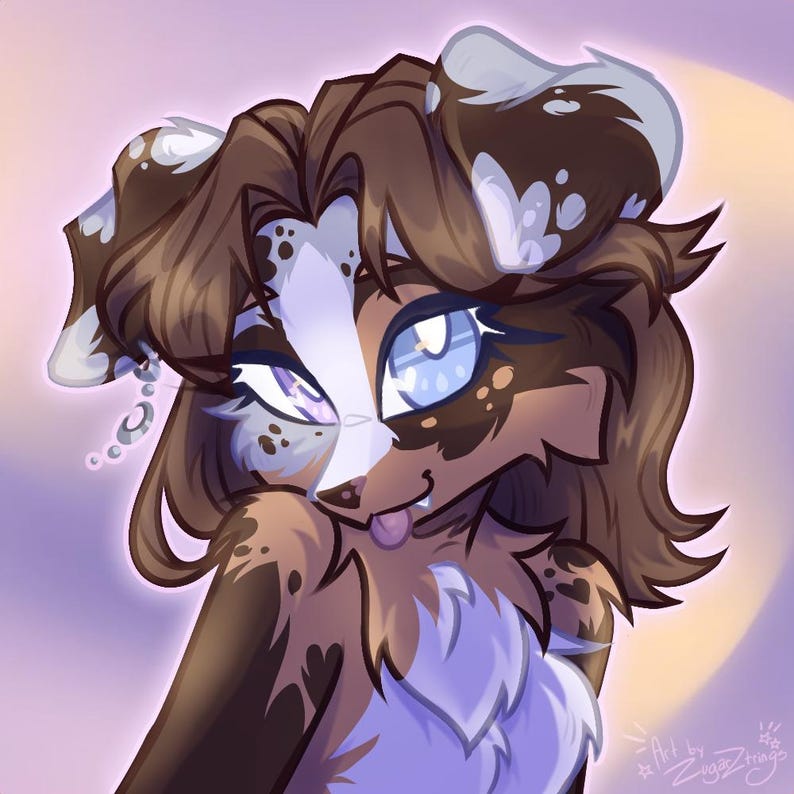 May include: A digital illustration of a dog-like creature with brown and white fur, and blue and purple eyes. The artwork has a cartoonish style, with a playful expression and a light purple background.