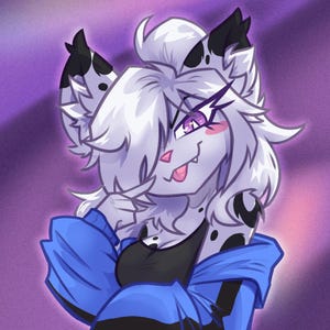 May include: Digital illustration of a white anthropomorphic cat-like character with black spots and purple eyes. The character is wearing a black top and a blue jacket. The background is a gradient of purple and pink.