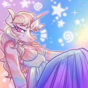 May include: A digital illustration of a unicorn with a rainbow-colored horn and flowing mane. The unicorn is wearing a white dress and a purple skirt, set against a background of stars and swirls in shades of blue, pink, and purple.