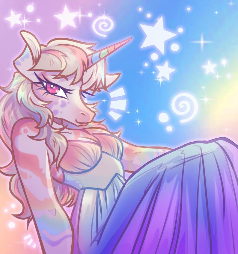 May include: A digital illustration of a unicorn with a rainbow-colored horn and flowing mane. The unicorn is wearing a white dress and a purple skirt, set against a background of stars and swirls in shades of blue, pink, and purple.