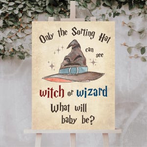 May include: A watercolor-style sign on a wooden easel. The sign features a brown sorting hat with a blue band and red brim. Text reads "Only the Sorting Hat can see witch or wizard. What will baby be?"