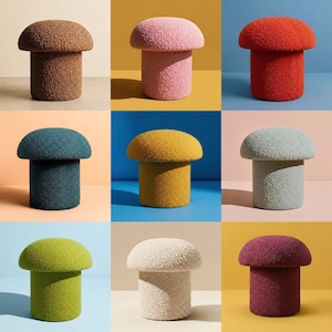 May include: A collection of nine mushroom-shaped stools in various colors. The stools have a rounded top and a cylindrical base, all covered in a textured, fuzzy fabric. Colors include brown, pink, red, teal, yellow, light blue, green, cream, and burgundy.