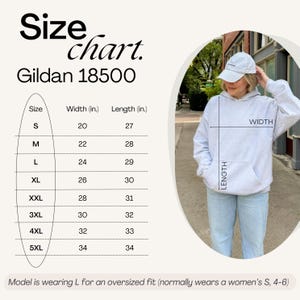 May include: A light gray Gildan 18500 hoodie with a size chart. The chart shows measurements in inches for sizes S to 5XL. The model is wearing a size L for an oversized fit. The hoodie has a front pocket and a hood.