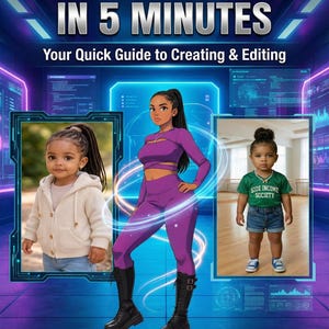 Puede incluir: Portada de libro con el título "AI DANCE VIDEOS IN 5 MINUTES" y el subtítulo "Your Quick Guide to Creating & Editing". La portada presenta ilustraciones y fotos de personas, incluido un niño con una camiseta "SIDE INCOME SOCIETY".