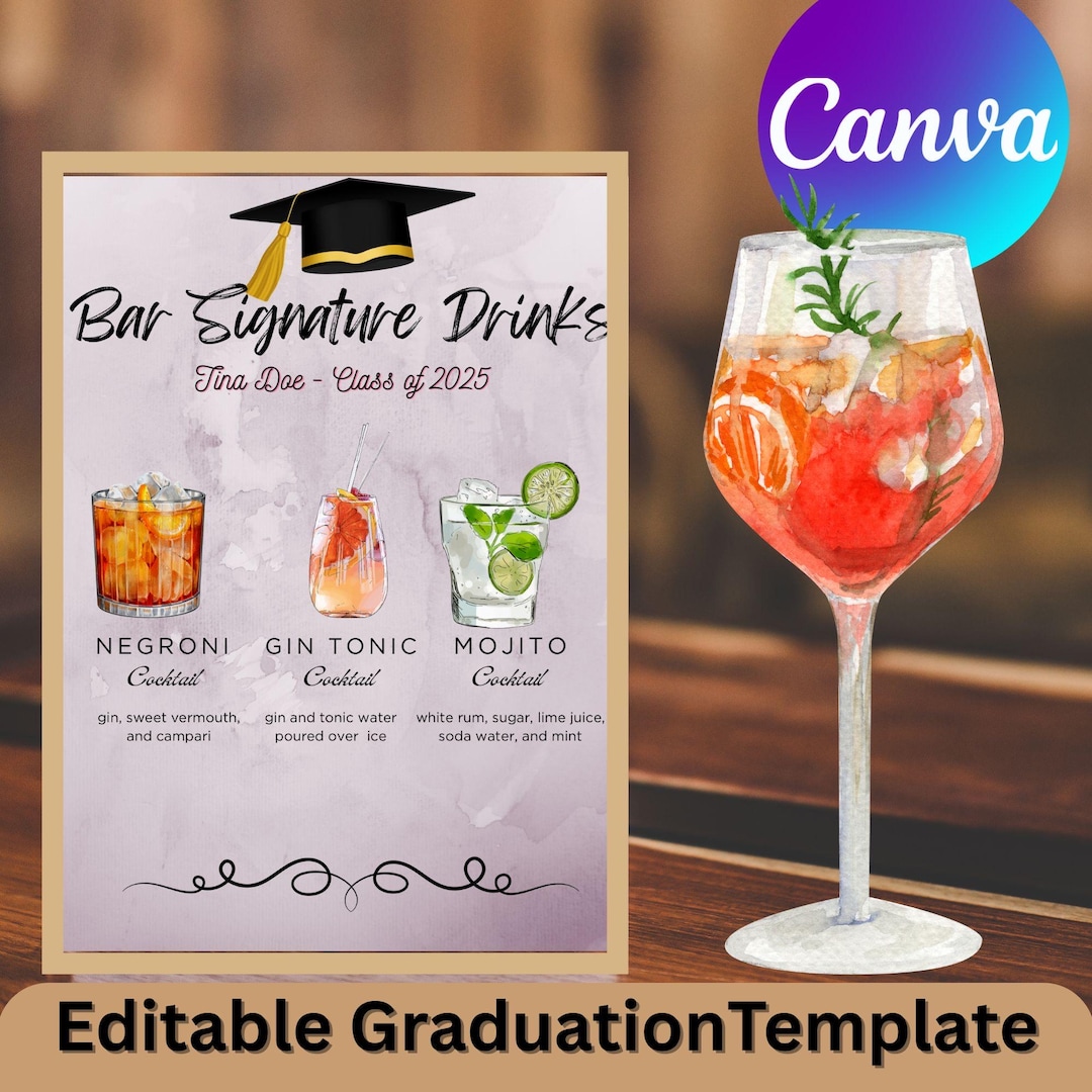 Graduation Bar Menu. Example Elegant Graduation Bar Menu Sign Template: Editable Cocktail List ...
