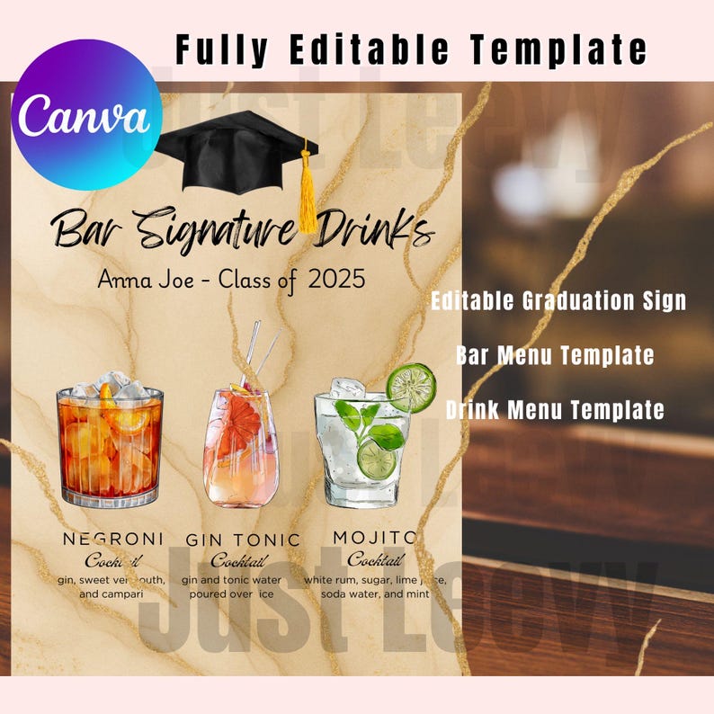 Graduation Bar Menu Sign Template, Printable Elegant Grad Party Drinks ...