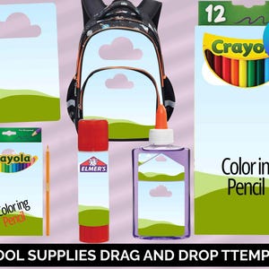 School supply template, drag n drop photo or design, Crayon box, Color pencil, Elmers glue, Personalized school supplies, sticker printable
