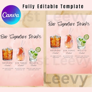 Szablon menu baru weselnego Edytowalny podpis na weselu Lista drinków Menu koktajlowe do druku na specjalne okazje, menu baru dla druhen