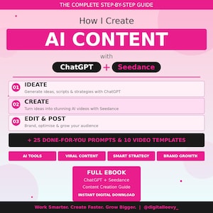 May include: A digital guide titled "How I Create AI Content" with a pink and white design. The guide outlines a step-by-step process using ChatGPT and Seedance, including ideation, creation, and editing. It also offers prompts, video templates, and an ebook.