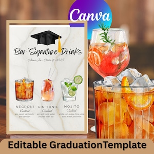 Plantilla de menú de graduación, elegante letrero imprimible para bebidas de fiesta de graduación, lista de cócteles editable para graduados universitarios, descarga instantánea, #G1
