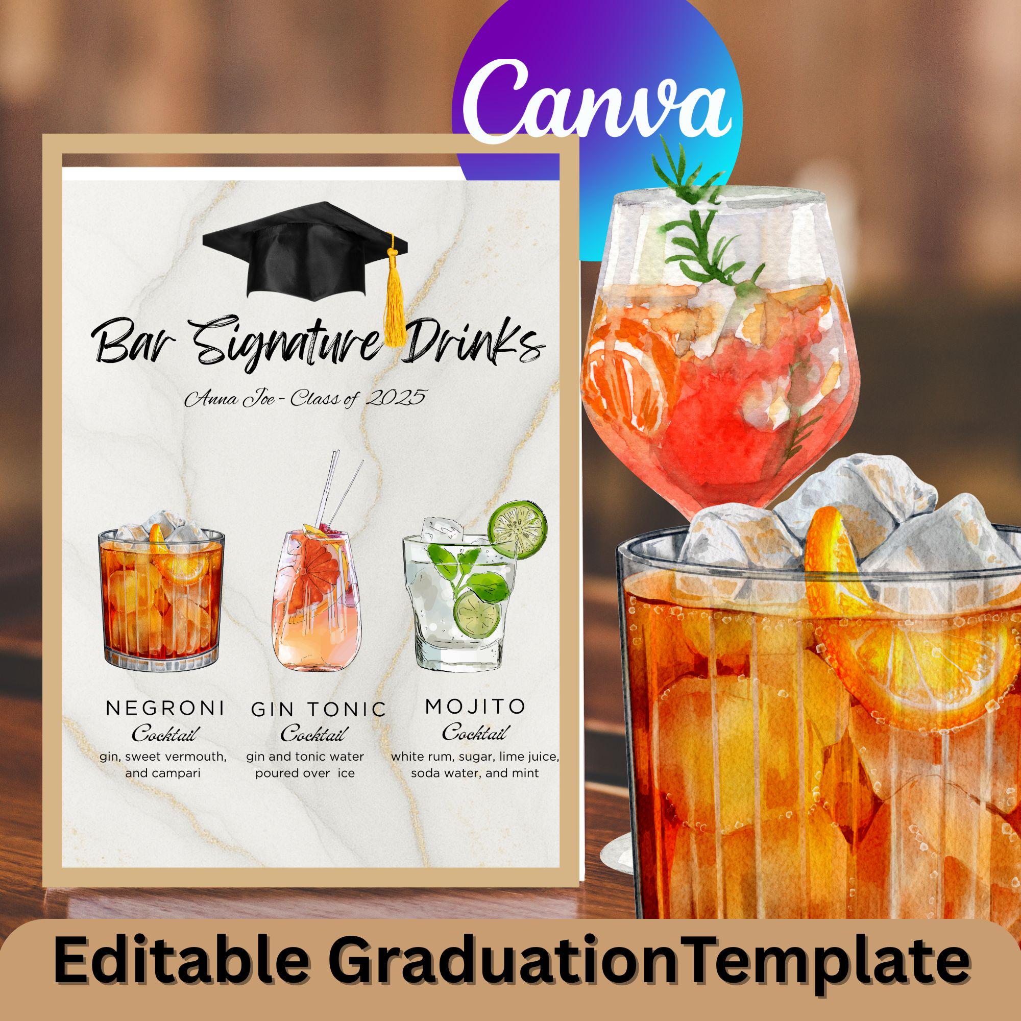 Graduation Bar Menu. Example Elegant Graduation Bar Menu Sign Template: Editable Cocktail List ...