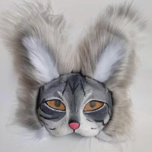 Therian Feline Mask – “Silverhush” — the Twilight Listener | Sliver Therian Cat Mask | Handmade Therian Headpiece with Long Ears