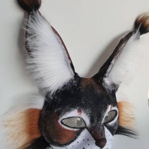 Kattenmasker Therian | Zwart, tortiekleur en wit| Handgemaakt Therian-zendspoel met lange oren | Geestdierkostuum | Harig cosplaycadeau
