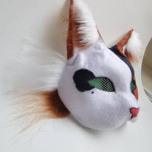 Therian kattenmasker | Bruin zwart-wit｜Handgemaakte Therian-zendspoel met lange oren | Geestdierkostuum | Harig cosplaycadeau