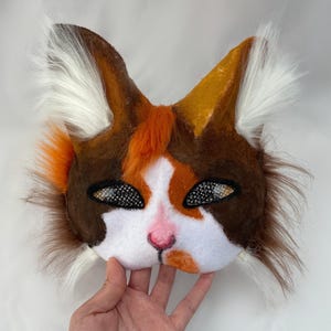 Therian-masker | Oranje, bruin en wit kattenmasker｜Handgemaakt Therian-zendspoel met lange oren | Geestdierkostuum | Harig cosplaycadeau