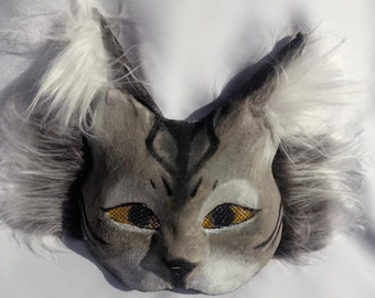 Gray Therian Cat Mask | Handmade Hybrid Animal Spirit Mask | Faux Fur Cosplay | Furry Gift for Teens