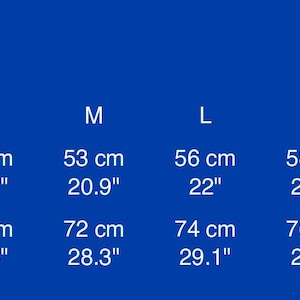 May include: Size chart for a t-shirt, with measurements in centimeters and inches. The chart includes sizes from XS to 4XL, detailing width and length. The background is a solid blue.