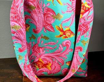Vibrant Fish in the Sea Teal/Pink Fabric Tote Bag
