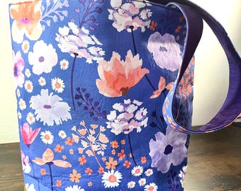 Blue/Purple Floral Flat-bottomed Fabric Tote Bag