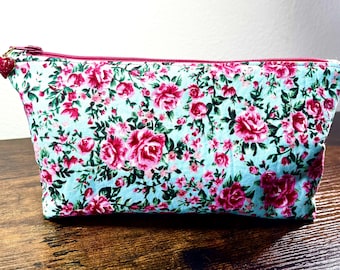 Pretty Teal Floral Zippered Fabric Cosmetic Pouch