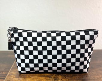 Black and White Checkered Zippered Fabric Cosmetic Bag
