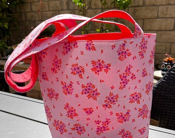Two-toned Fabric Tote Bag:  Pink and Coral Flowers