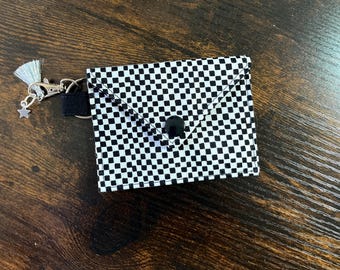 Checkered Mini Card Wallet with Keychain