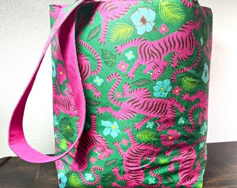 Pink and Green Tiger Fabric Tote Bag