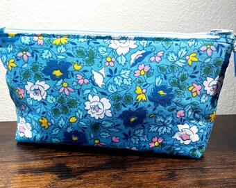 Blue Flowered Zippered Cosmetic Bag