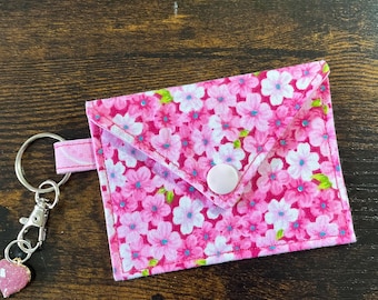 Pink Floral Mini Card Wallet with Keychain