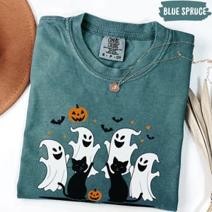 Halloween Black Cat & Ghost Comfort Colors Shirt, Halloween Ghost Tshirt, Spooky Season Cat Tee, Halloween Cute Women Outfit, Halloween Gift