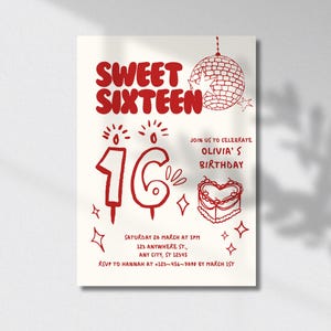 Invitación de dulces dieciséis editable. Invitación de dulces 16. Pastel de cumpleaños rojo dibujado a mano para adolescentes. Plantilla imprimible para cumpleaños número 16. Descarga digital.