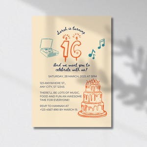Invitación editable para dieciséis cumpleaños. Plantilla de invitación para el 16.º cumpleaños. Invitación colorida y divertida para el 16.º cumpleaños de una niña. Plantilla de Canva.