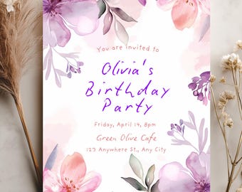 Purple Flower Birthday Party Invite, Floral Birthday Party Invitation, Canva Template, Woman's Elegant Invite, Pastel Floral Art, Brunch
