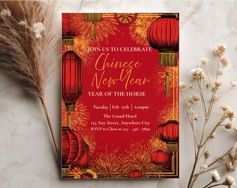 Chinese New Year Invitation, Year of the Horse Lunar New Year Invite, Digital Download, Editable Canva Template, Gongbi Art Invite,Printable