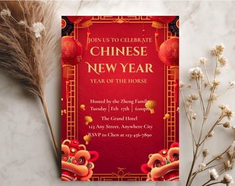 Chinese New Year Invitation, 2026 Year of the Horse Lunar New Year Invite, Digital Download, Editable Canva Template, Red and Gold Invite
